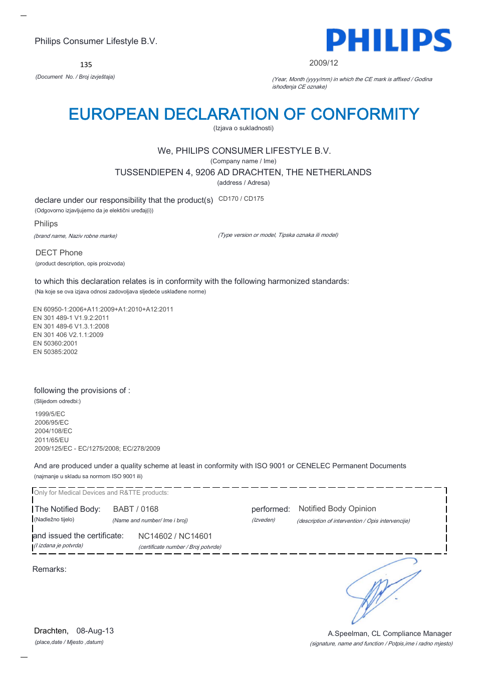 European declaration of conformity | Philips CD170 User Manual | Page 20 / 22