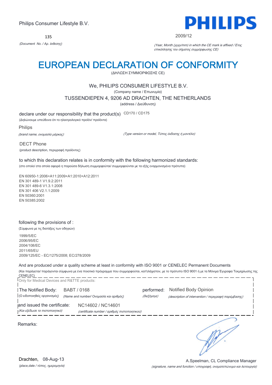 European declaration of conformity | Philips CD170 User Manual | Page 21 / 22