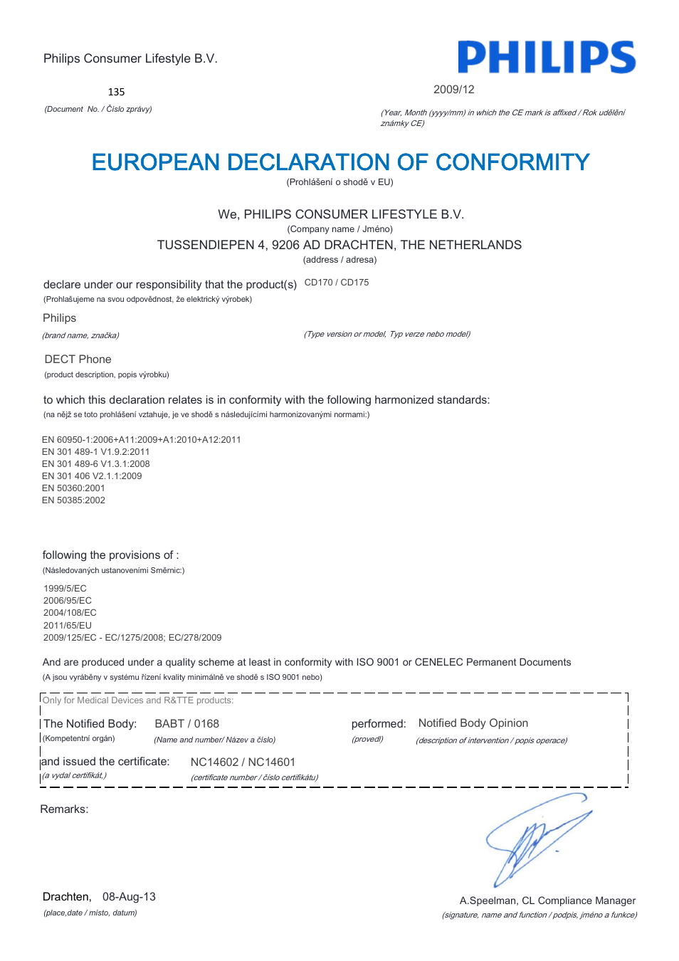 European declaration of conformity | Philips CD170 User Manual | Page 5 / 22