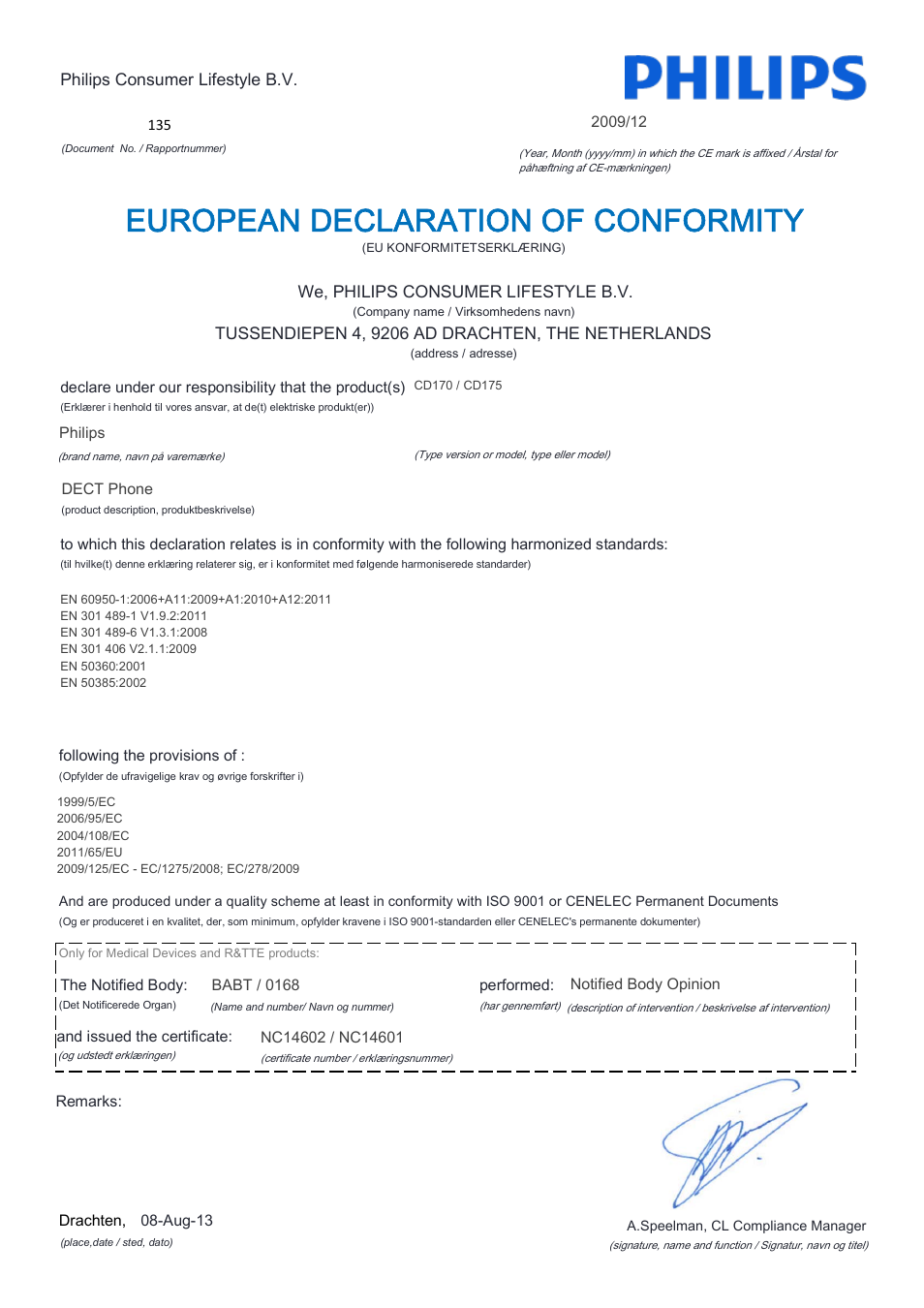 European declaration of conformity | Philips CD170 User Manual | Page 6 / 22