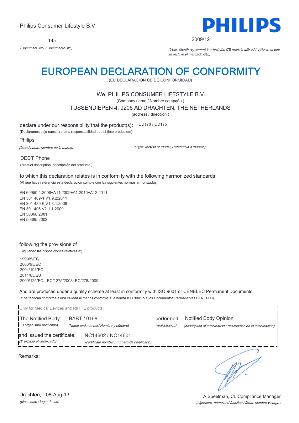 European declaration of conformity | Philips CD170 User Manual | Page 7 / 22