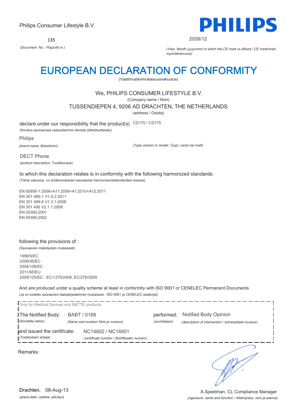 European declaration of conformity | Philips CD170 User Manual | Page 8 / 22