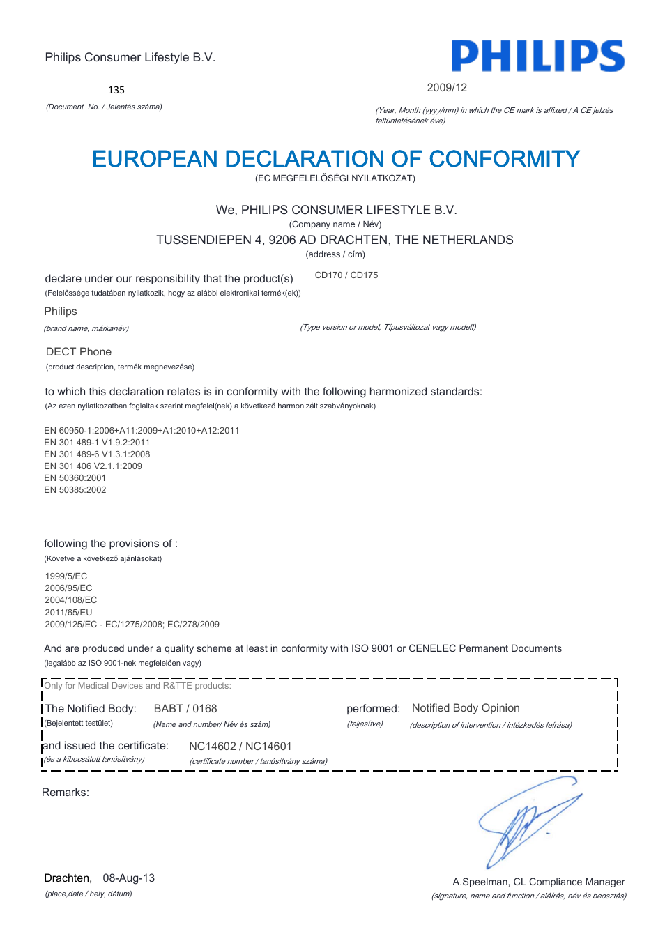 European declaration of conformity | Philips CD170 User Manual | Page 9 / 22