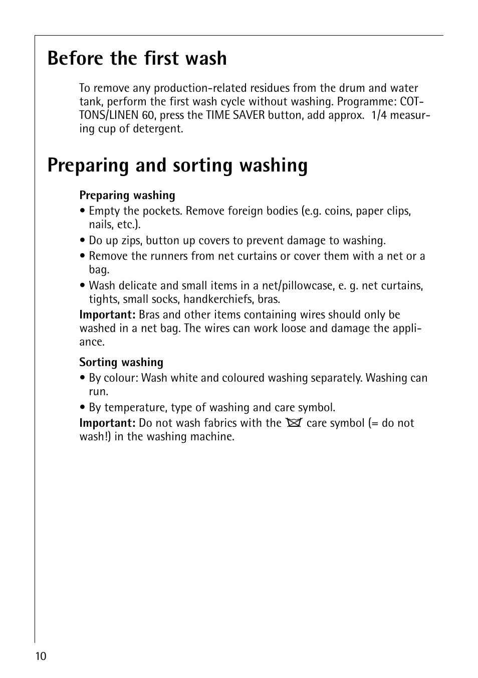 Before the first wash, Preparing and sorting washing | AEG LAVAMAT 76800 User Manual | Page 10 / 36