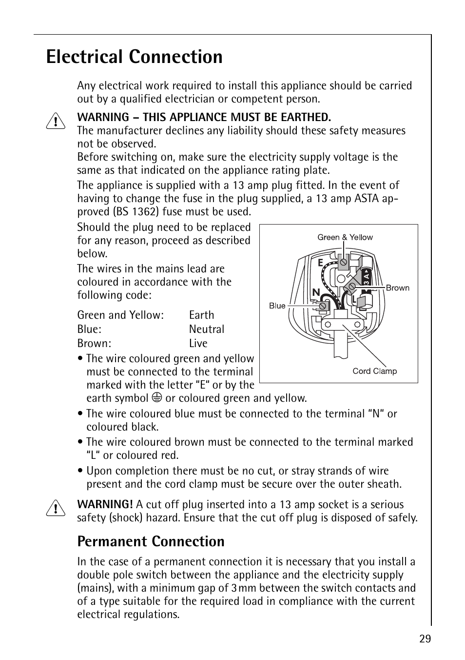 Electrical connection, Permanent connection | AEG LAVAMAT 76800 User Manual | Page 29 / 36