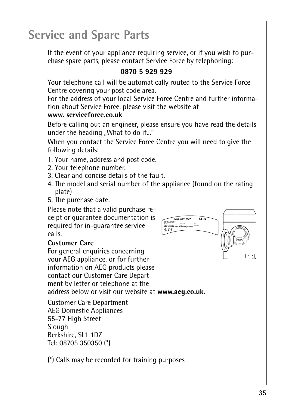 Service and spare parts | AEG LAVAMAT 76800 User Manual | Page 35 / 36