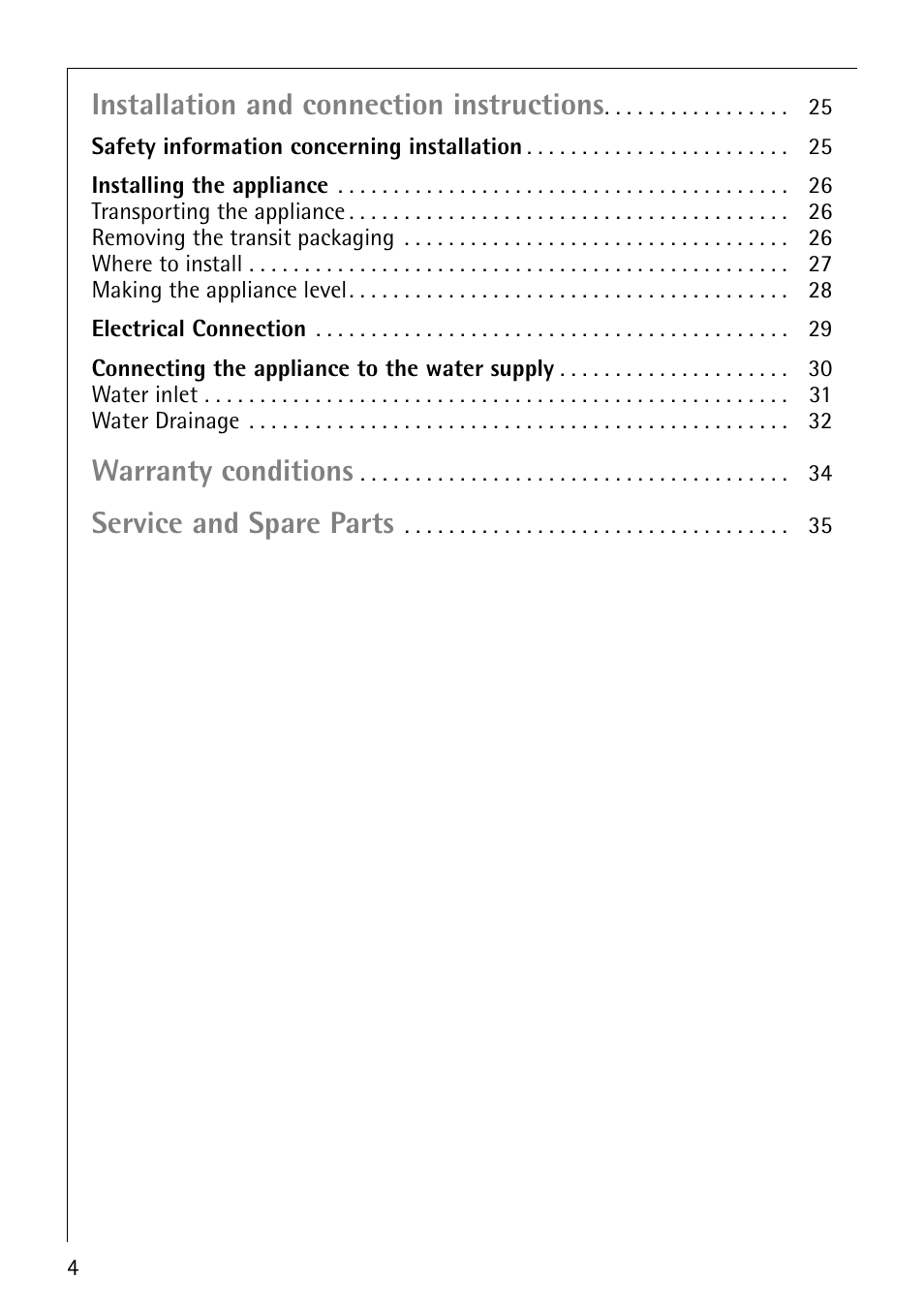 Installation and connection instructions, Warranty conditions, Service and spare parts | AEG LAVAMAT 76800 User Manual | Page 4 / 36