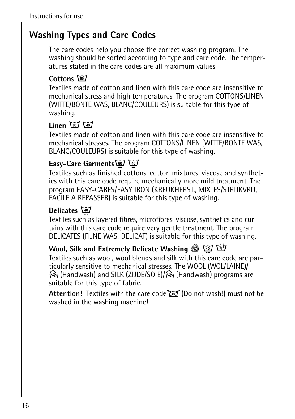 Washing types and care codes | AEG OKO-LAVAMAT 82730 User Manual | Page 16 / 56