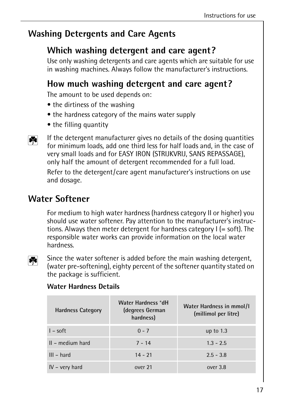 How much washing detergent and care agent, Water softener | AEG OKO-LAVAMAT 82730 User Manual | Page 17 / 56