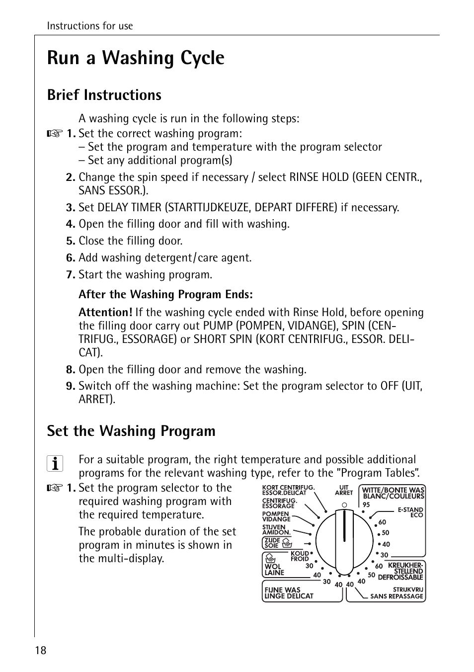 Run a washing cycle, Brief instructions, Set the washing program | AEG OKO-LAVAMAT 82730 User Manual | Page 18 / 56