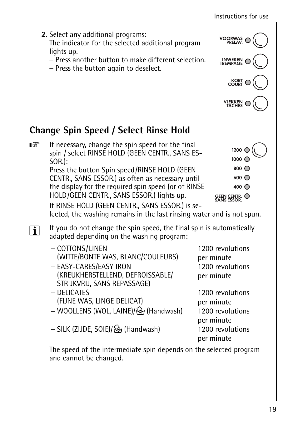 Change spin speed / select rinse hold | AEG OKO-LAVAMAT 82730 User Manual | Page 19 / 56