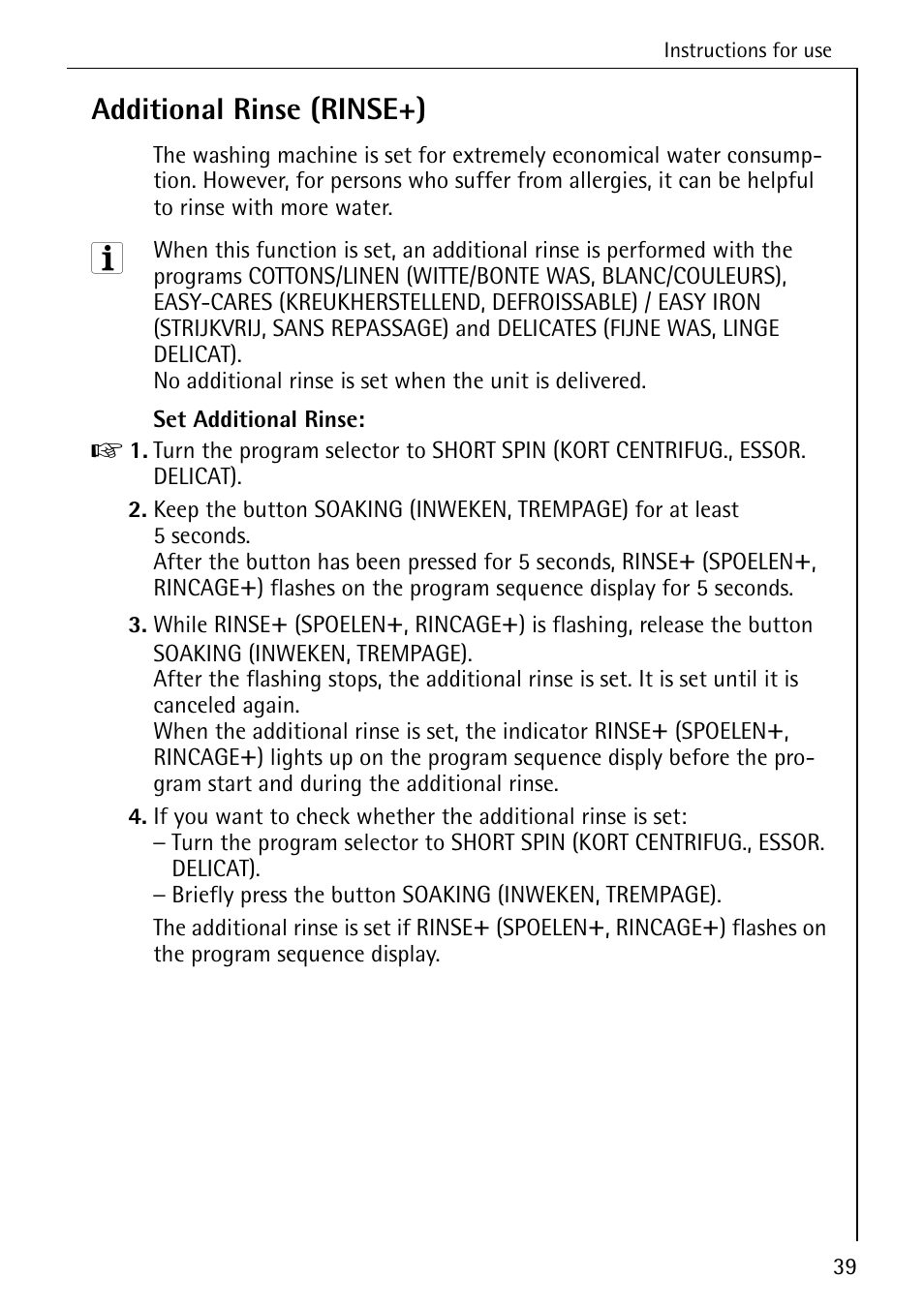 Additional rinse (rinse+) | AEG OKO-LAVAMAT 82730 User Manual | Page 39 / 56