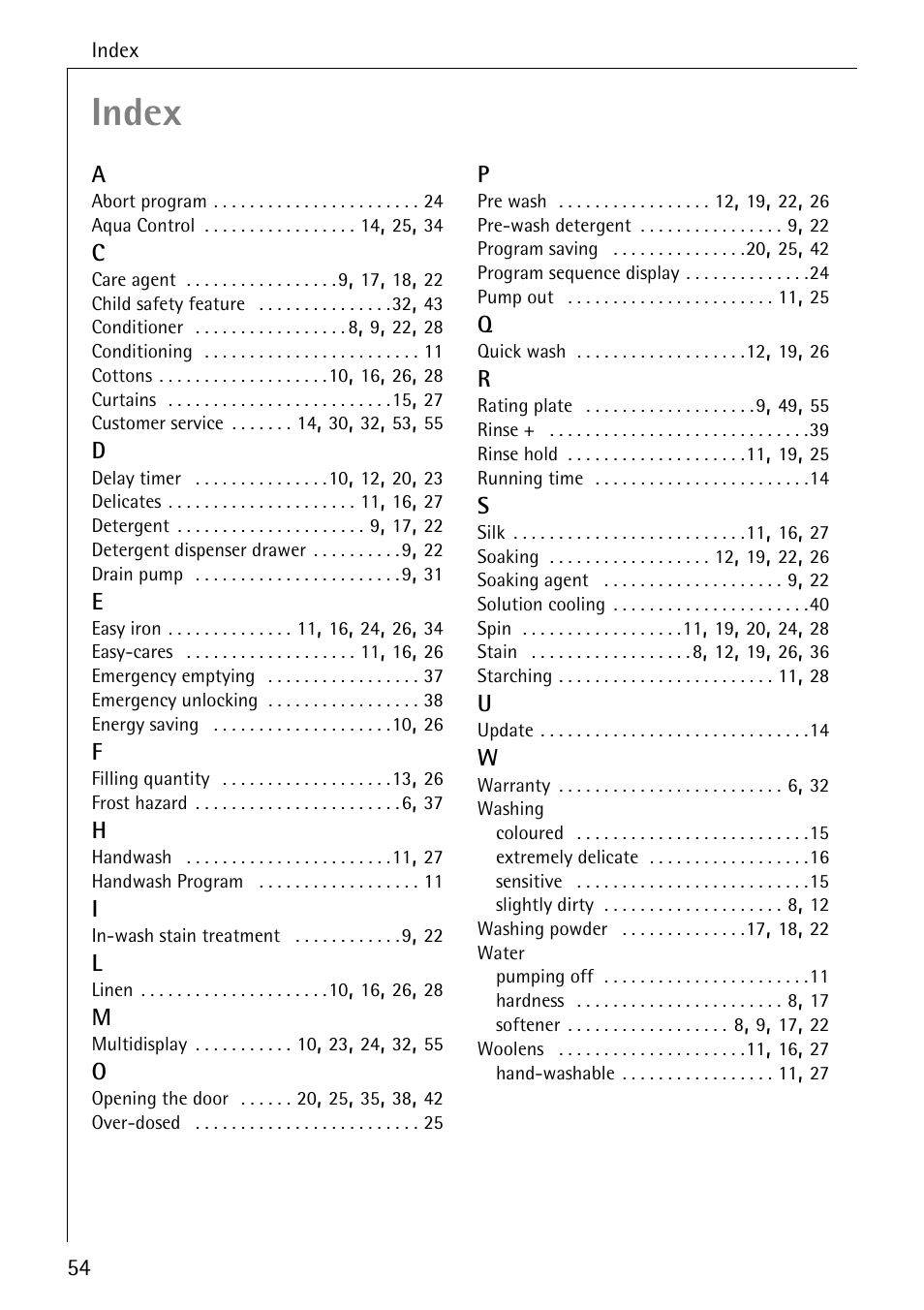 Index | AEG OKO-LAVAMAT 82730 User Manual | Page 54 / 56