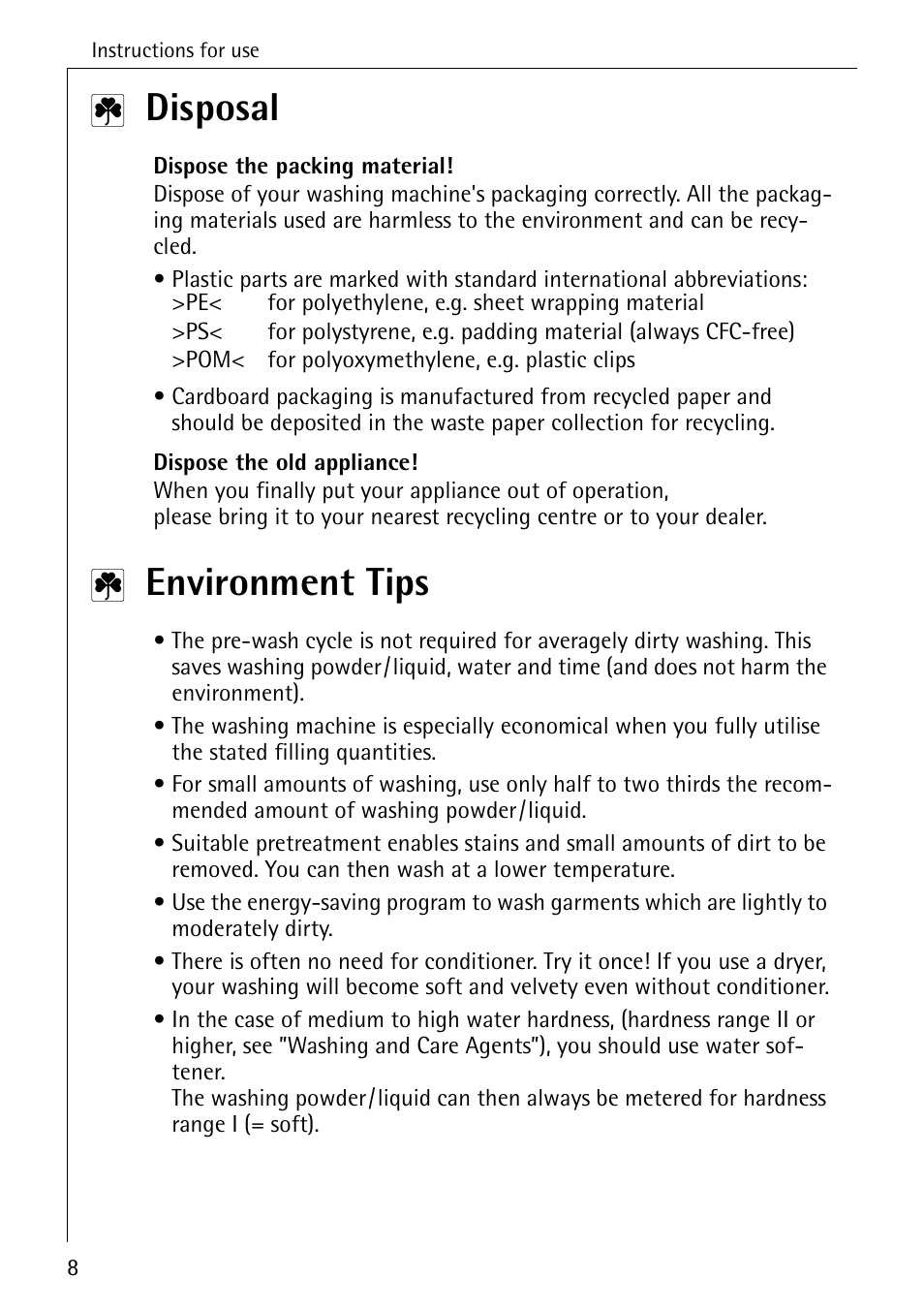 Disposal, Environment tips | AEG OKO-LAVAMAT 82730 User Manual | Page 8 / 56