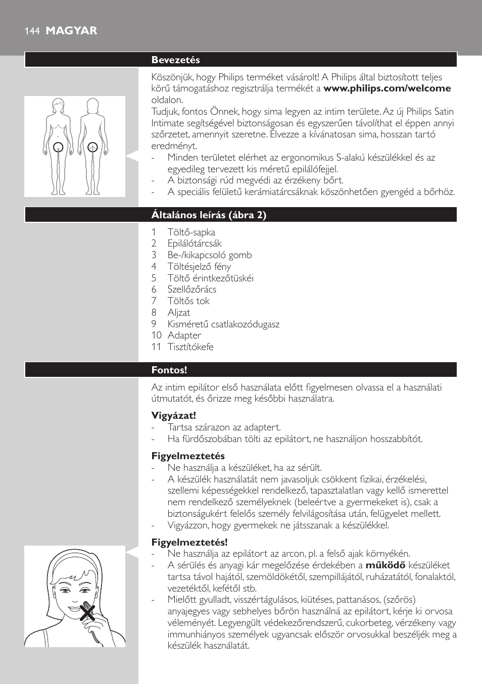 Magyar | Philips Satin Intimate Depiladora para las zonas íntimas User Manual | Page 144 / 232