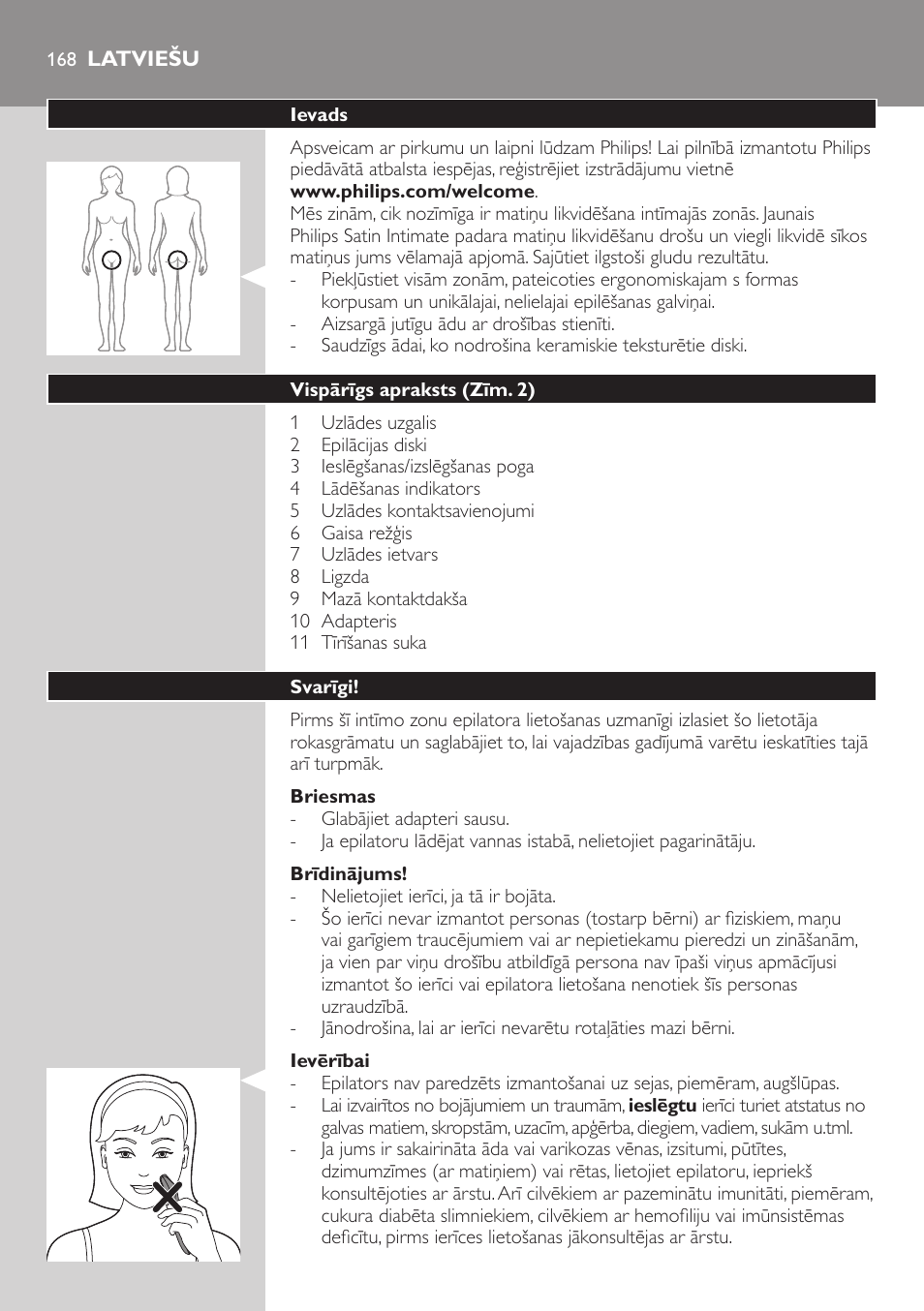 Latviešu | Philips Satin Intimate Depiladora para las zonas íntimas User Manual | Page 168 / 232