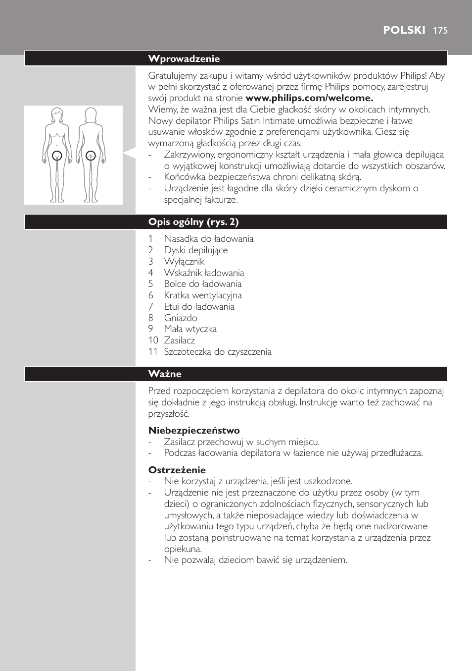 Polski, Polski 17 | Philips Satin Intimate Depiladora para las zonas íntimas User Manual | Page 175 / 232