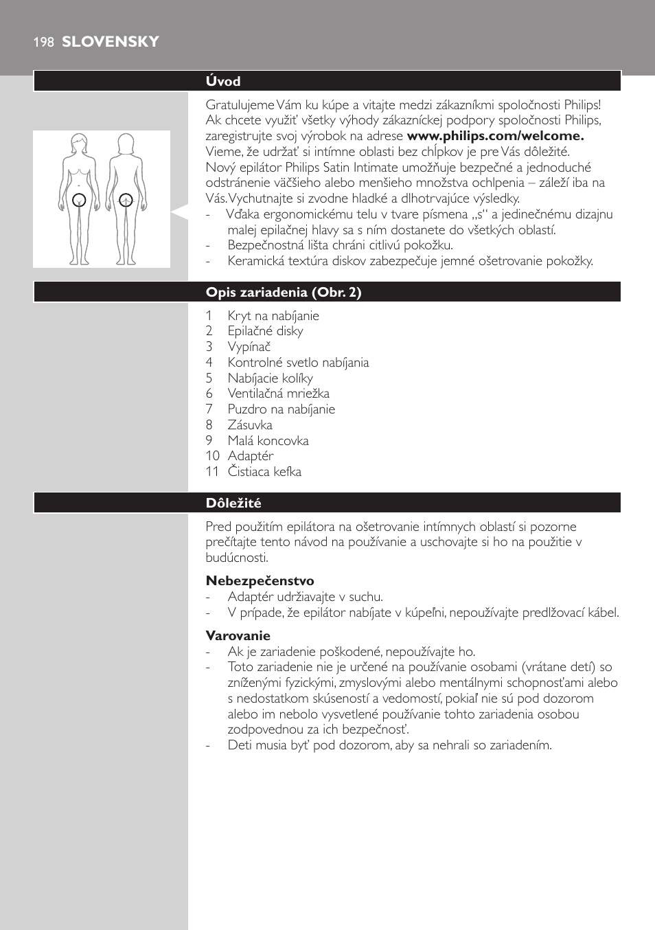 Slovensky | Philips Satin Intimate Depiladora para las zonas íntimas User Manual | Page 198 / 232