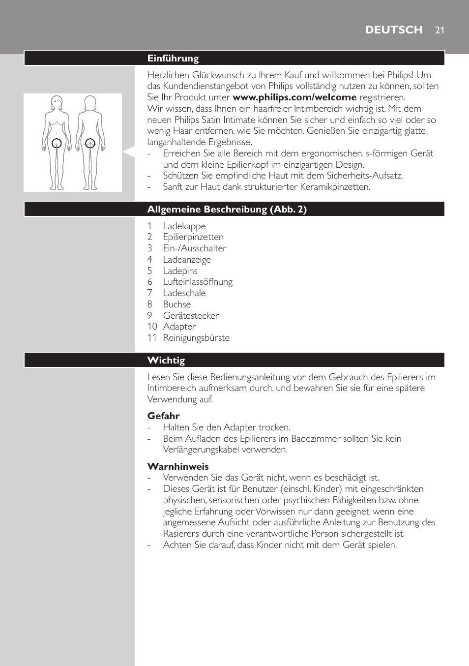 Deutsch, Deutsch 21 | Philips Satin Intimate Depiladora para las zonas íntimas User Manual | Page 21 / 232