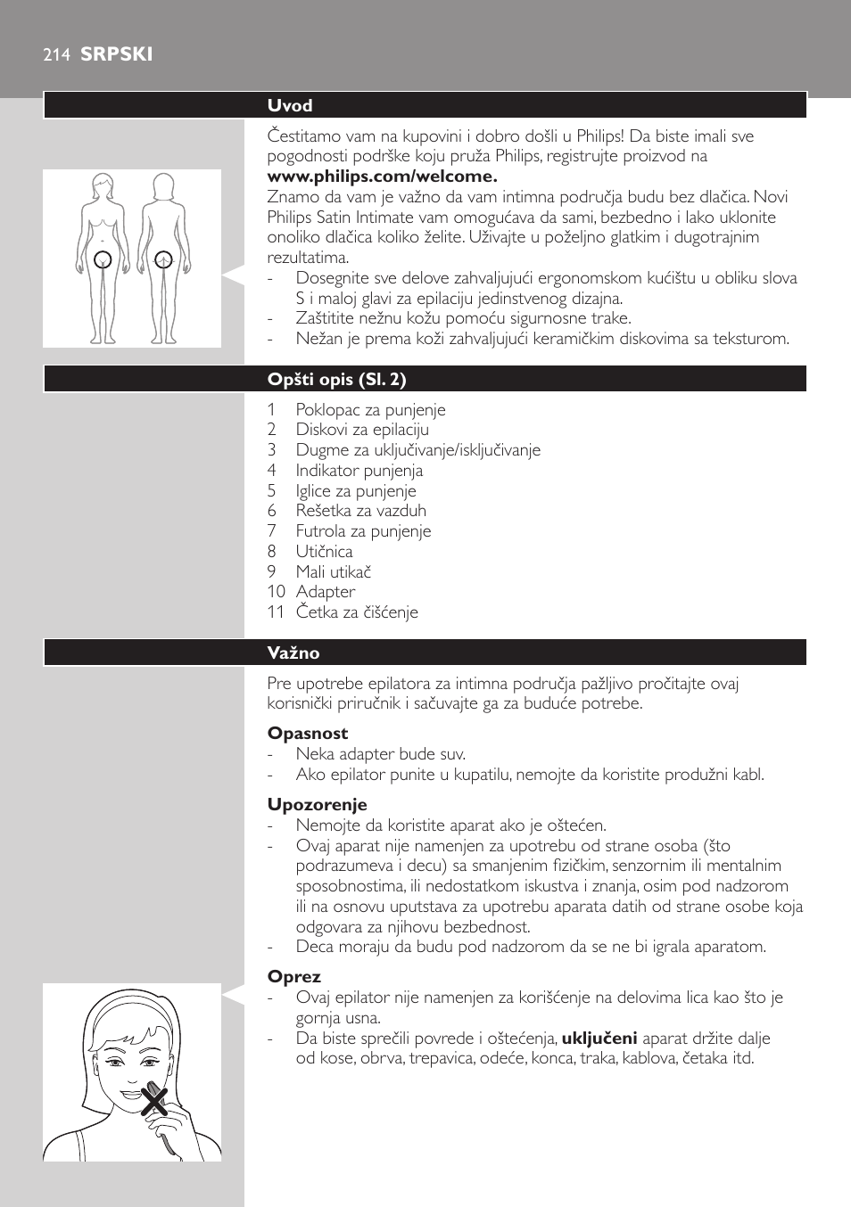 Srpski, Srpski 2 | Philips Satin Intimate Depiladora para las zonas íntimas User Manual | Page 214 / 232