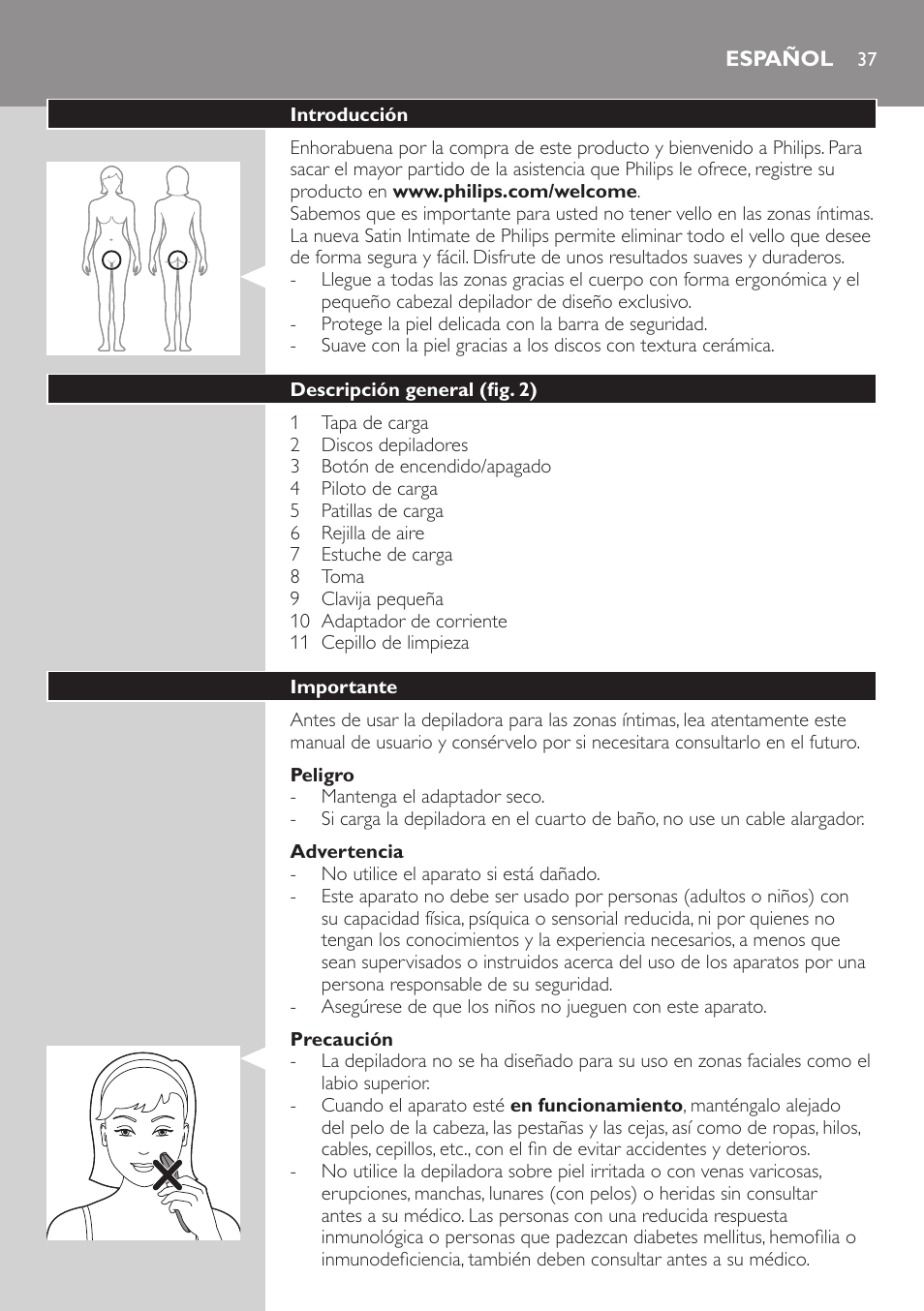 Español | Philips Satin Intimate Depiladora para las zonas íntimas User Manual | Page 37 / 232