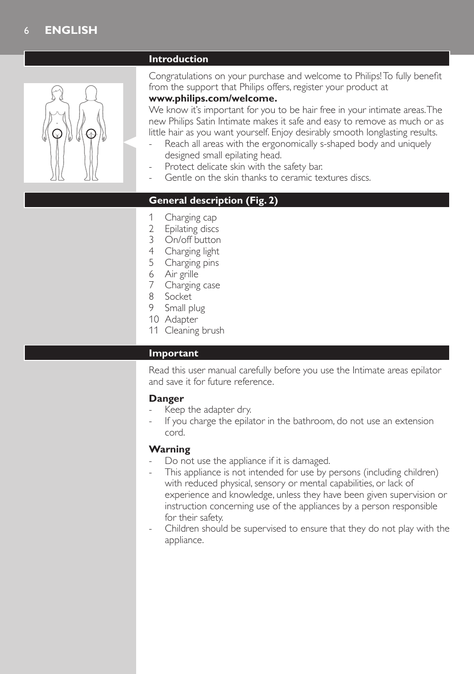 English | Philips Satin Intimate Depiladora para las zonas íntimas User Manual | Page 6 / 232