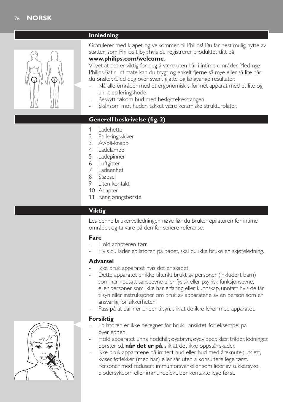 Norsk, Norsk 76 | Philips Satin Intimate Depiladora para las zonas íntimas User Manual | Page 76 / 232