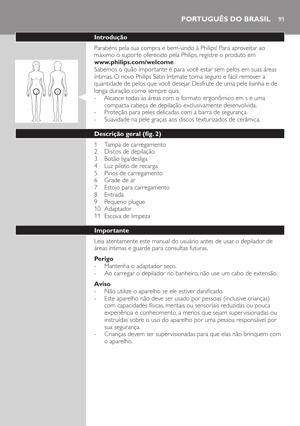 Português do brasil | Philips Satin Intimate Depiladora para las zonas íntimas User Manual | Page 91 / 232