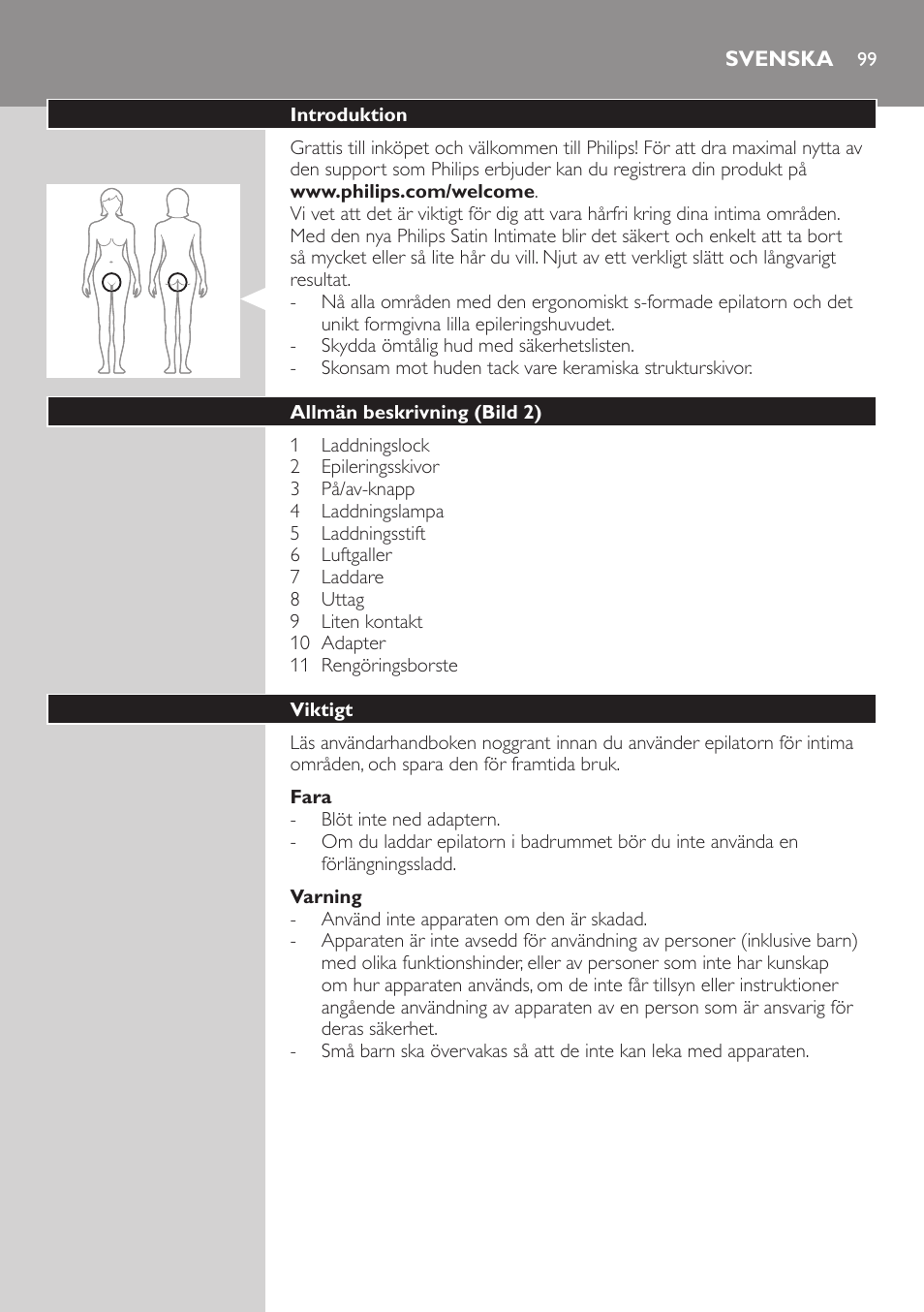 Svenska, Svenska 99 | Philips Satin Intimate Depiladora para las zonas íntimas User Manual | Page 99 / 232