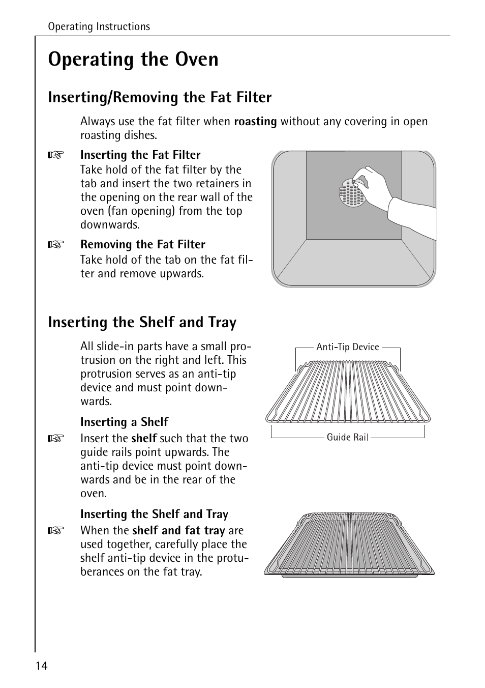 Operating the oven, Inserting/removing the fat filter, Inserting the shelf and tray | AEG COMPETENCE B 4130 User Manual | Page 14 / 52