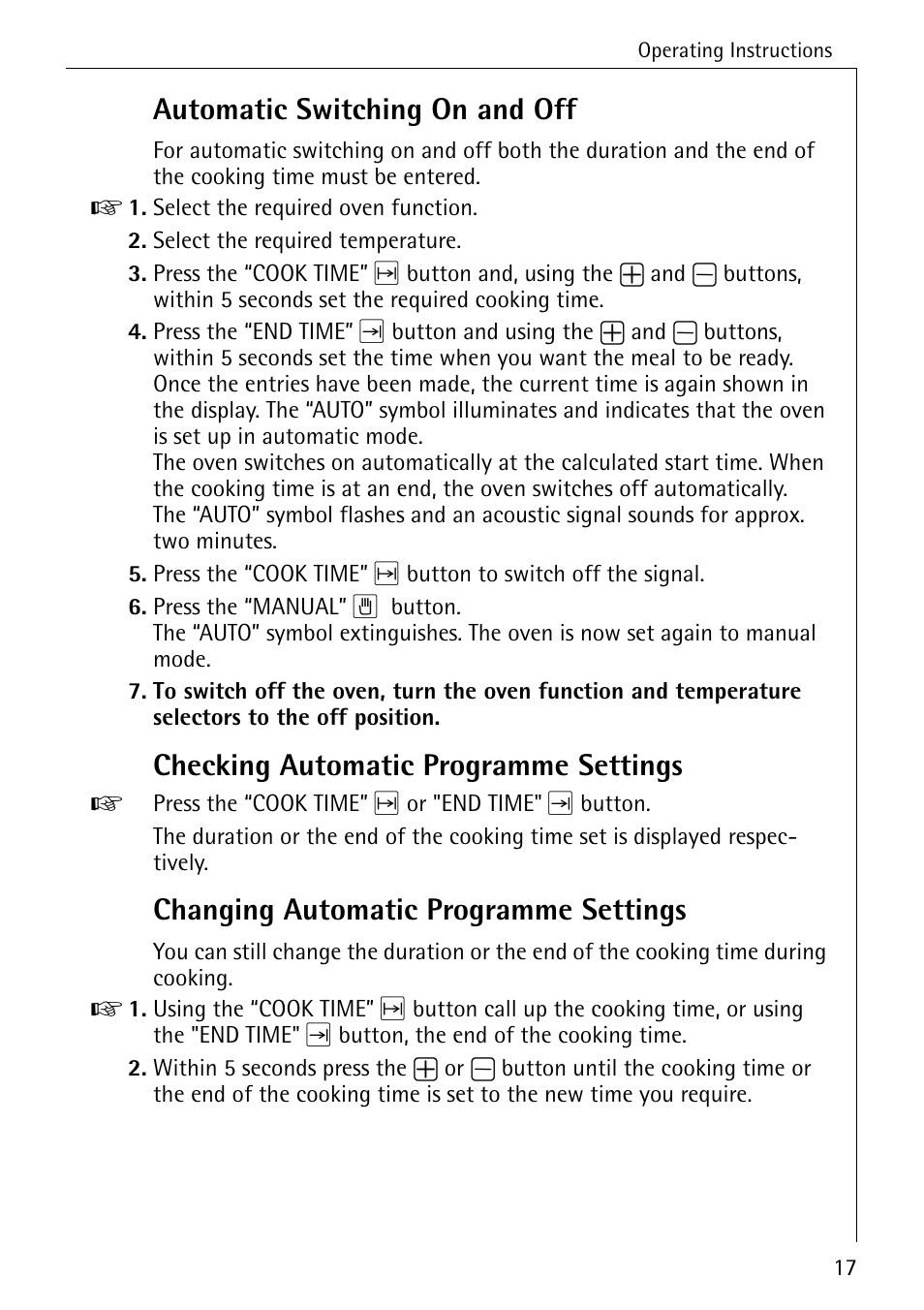 Automatic switching on and off, Checking automatic programme settings, Changing automatic programme settings | AEG COMPETENCE B 4130 User Manual | Page 17 / 52