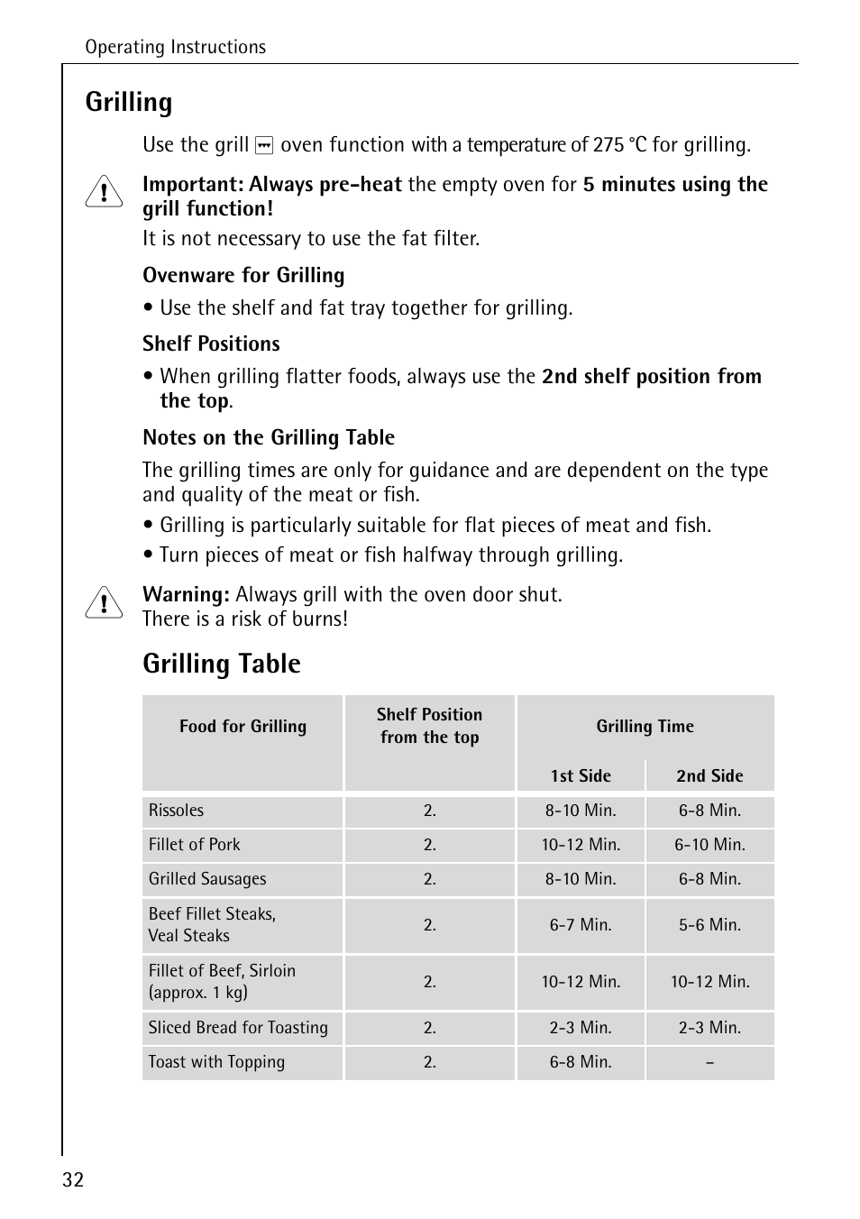 Grilling, Grilling table | AEG COMPETENCE B 4130 User Manual | Page 32 / 52