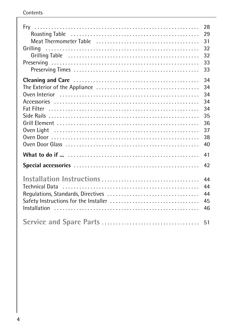 Installation instructions, Service and spare parts | AEG COMPETENCE B 4130 User Manual | Page 4 / 52