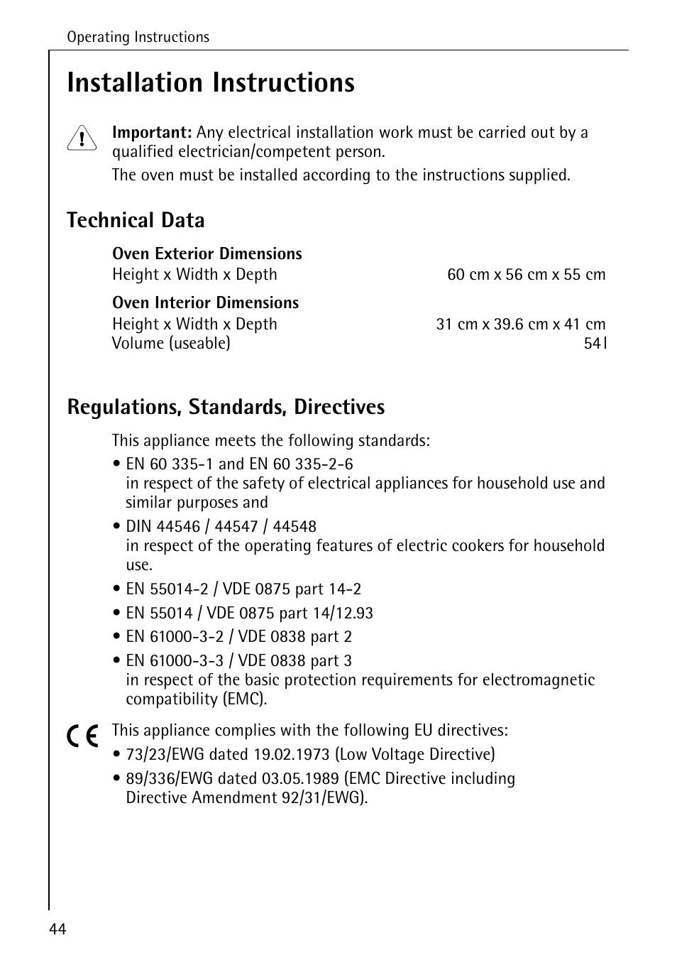 Installation instructions, Technical data, Regulations, standards, directives | AEG COMPETENCE B 4130 User Manual | Page 44 / 52