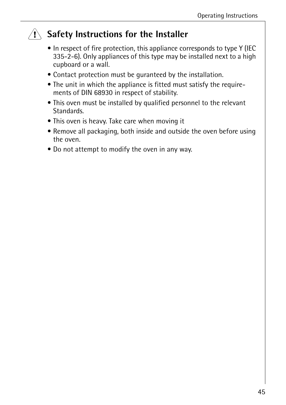 Safety instructions for the installer | AEG COMPETENCE B 4130 User Manual | Page 45 / 52