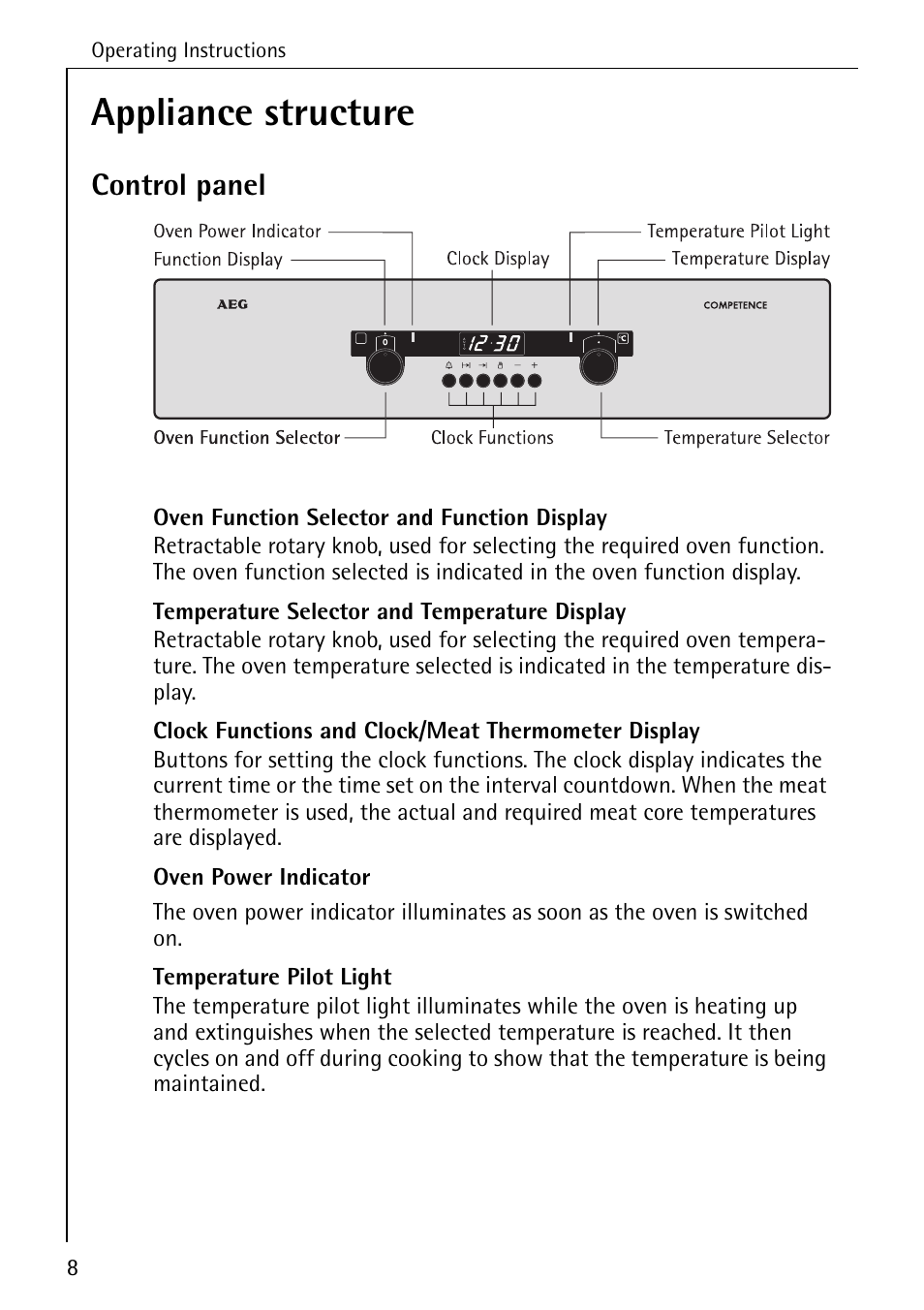 Appliance structure, Control panel | AEG COMPETENCE B 4130 User Manual | Page 8 / 52