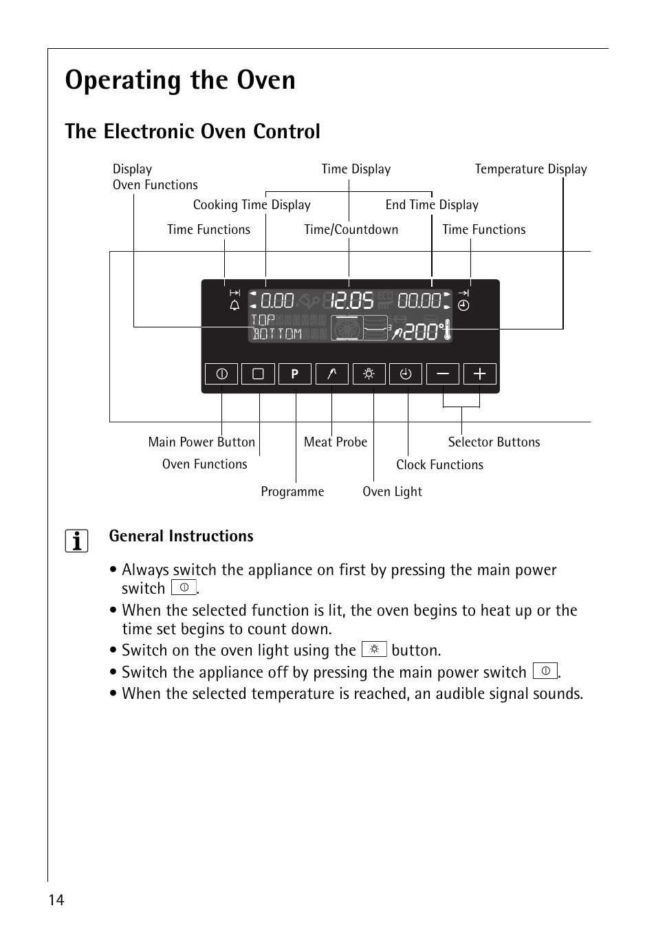 Operating the oven, The electronic oven control | AEG COMPETENCE B8920-1 User Manual | Page 14 / 84