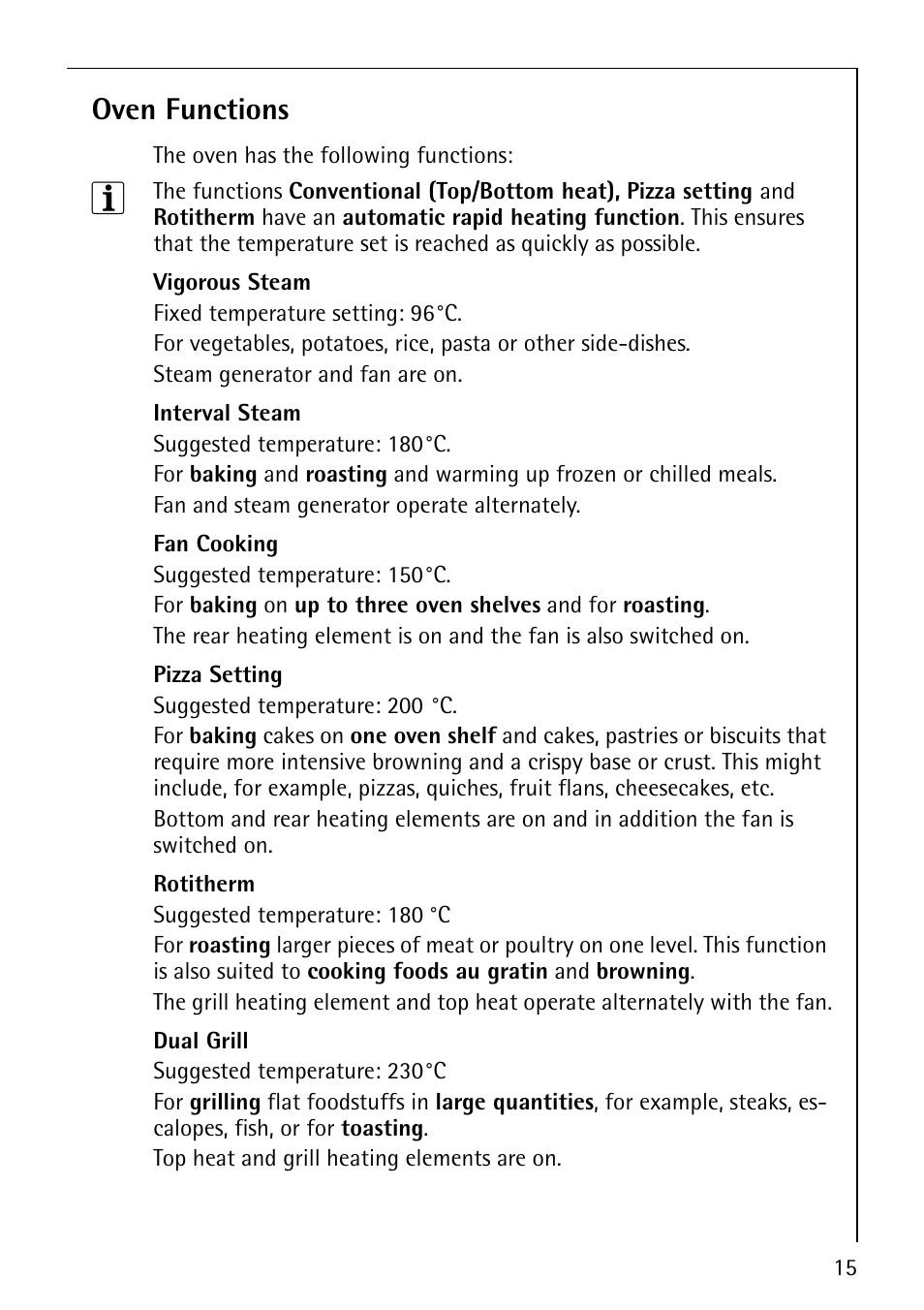 Oven functions | AEG COMPETENCE B8920-1 User Manual | Page 15 / 84