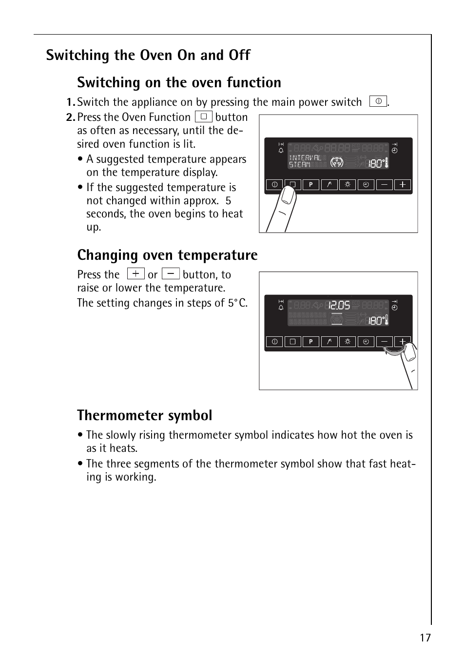 Changing oven temperature, Thermometer symbol | AEG COMPETENCE B8920-1 User Manual | Page 17 / 84