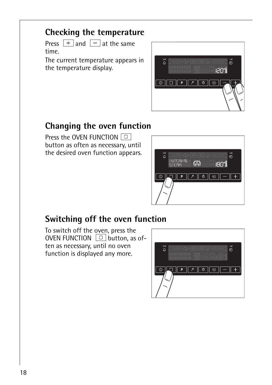 Checking the temperature, Changing the oven function, Switching off the oven function | AEG COMPETENCE B8920-1 User Manual | Page 18 / 84