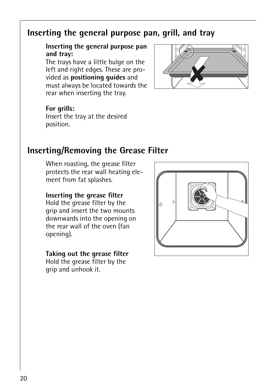 Inserting the general purpose pan, grill, and tray, Inserting/removing the grease filter | AEG COMPETENCE B8920-1 User Manual | Page 20 / 84