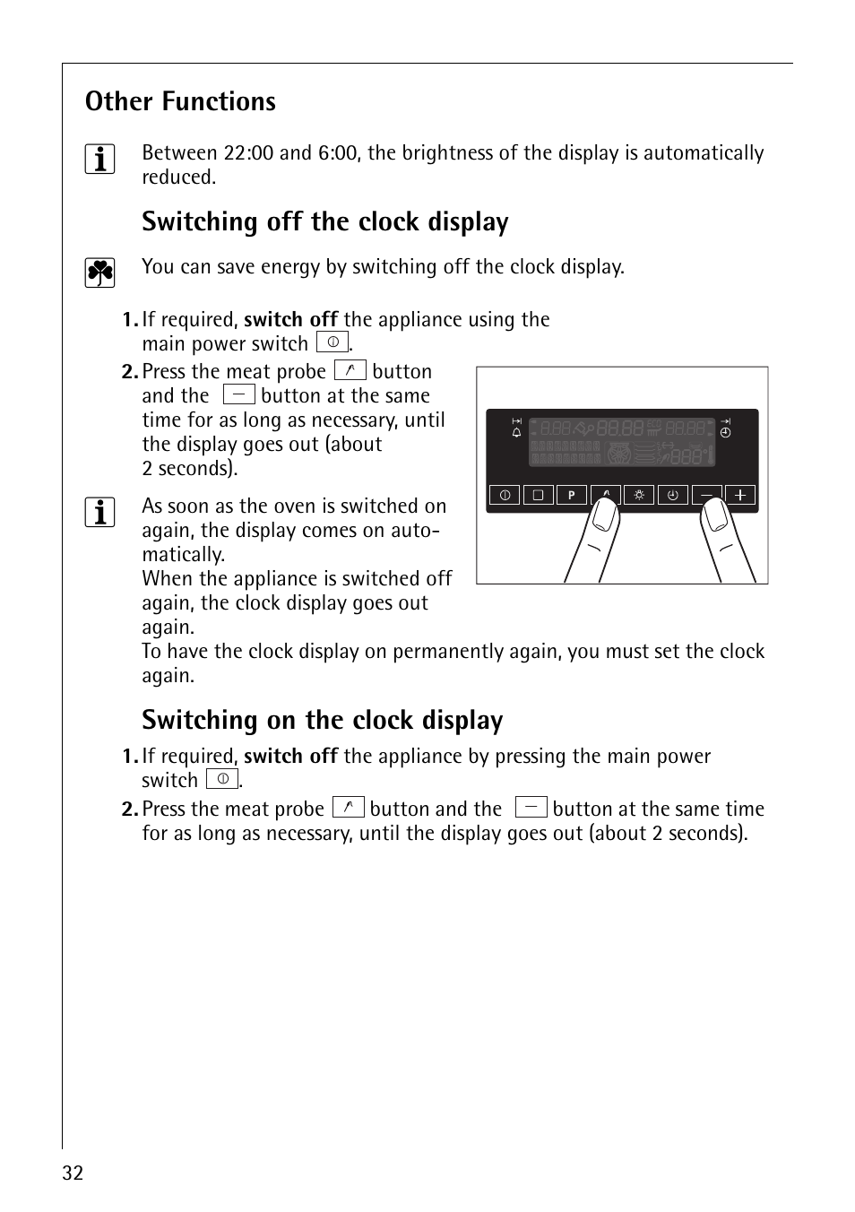 Other functions, Switching off the clock display, Switching on the clock display | AEG COMPETENCE B8920-1 User Manual | Page 32 / 84