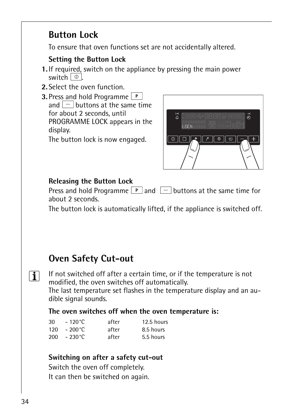 Button lock, Oven safety cut-out | AEG COMPETENCE B8920-1 User Manual | Page 34 / 84