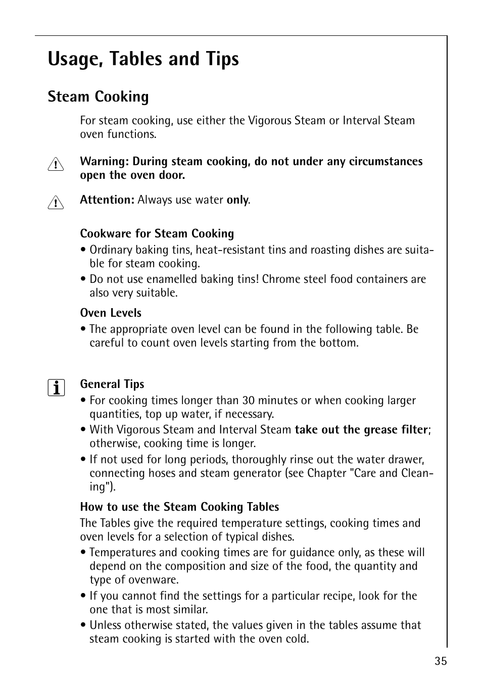 Usage, tables and tips, Steam cooking | AEG COMPETENCE B8920-1 User Manual | Page 35 / 84