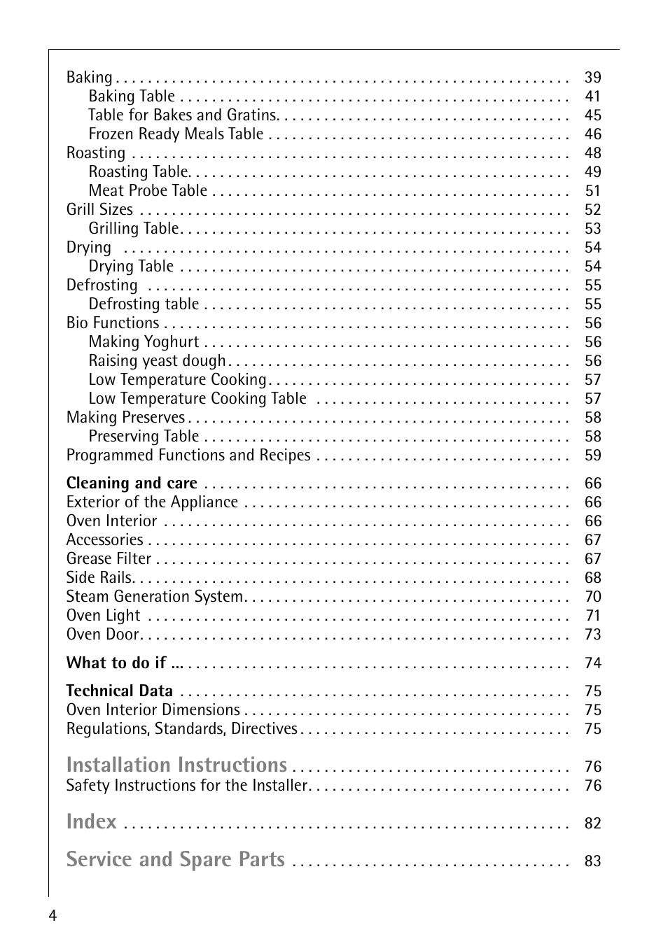 Installation instructions, Index, Service and spare parts | AEG COMPETENCE B8920-1 User Manual | Page 4 / 84