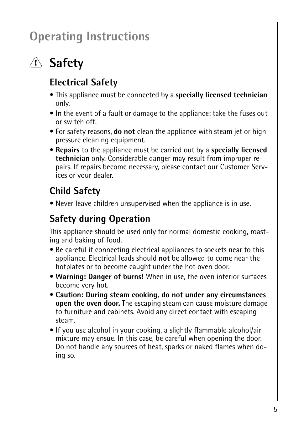 Operating instructions 1 safety, Electrical safety, Child safety | Safety during operation | AEG COMPETENCE B8920-1 User Manual | Page 5 / 84