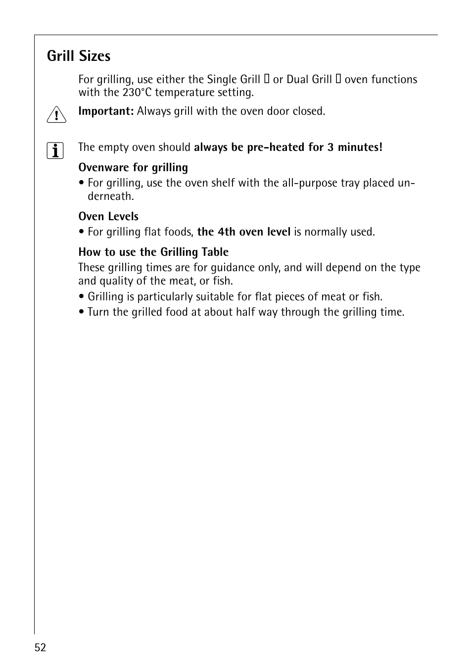 Grill sizes | AEG COMPETENCE B8920-1 User Manual | Page 52 / 84