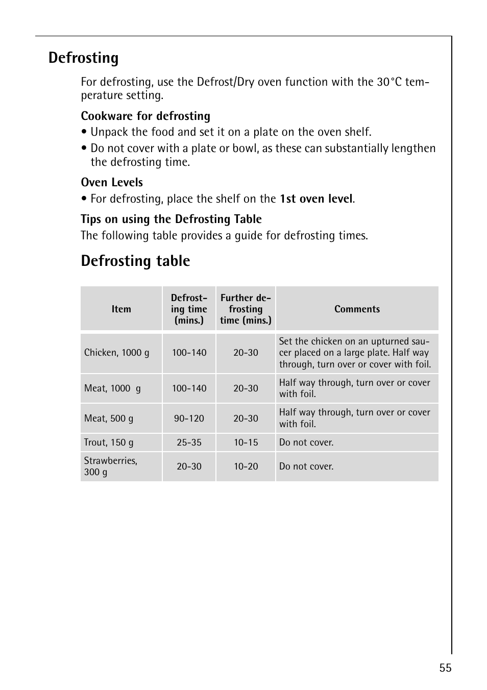 Defrosting, Defrosting table | AEG COMPETENCE B8920-1 User Manual | Page 55 / 84