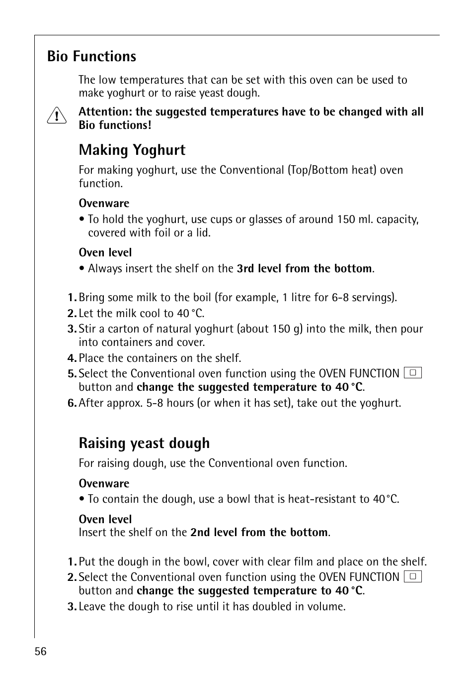 Bio functions, Making yoghurt, Raising yeast dough | AEG COMPETENCE B8920-1 User Manual | Page 56 / 84