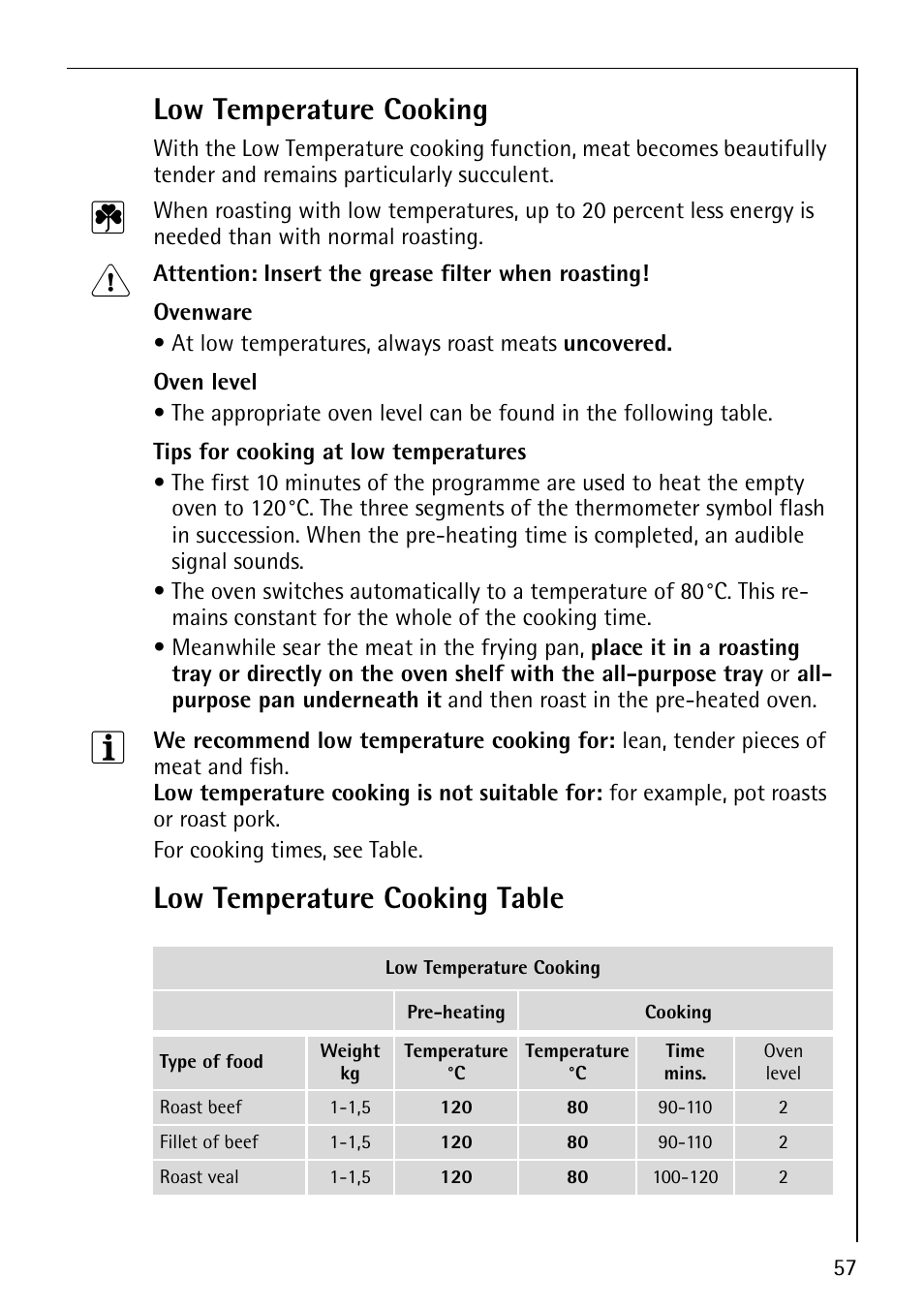 Low temperature cooking, Low temperature cooking table | AEG COMPETENCE B8920-1 User Manual | Page 57 / 84